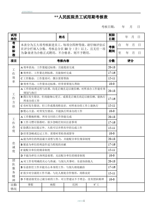 医院员工试用期转正考核表