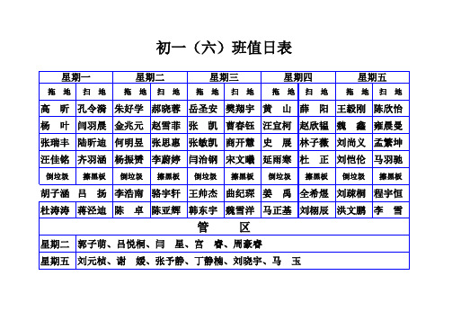 初一六班值日表