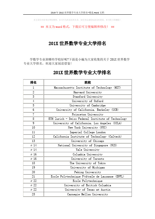 2019年201X世界数学专业大学排名-精选word文档 (4页)