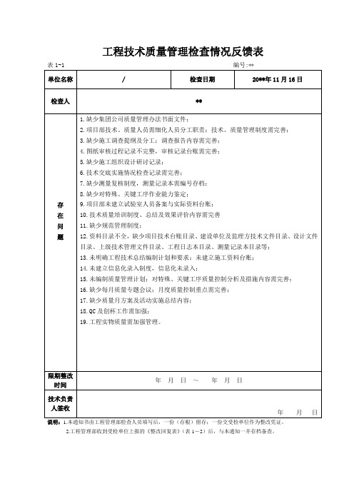 工程技术质量管理检查情况反馈表及整改回复表