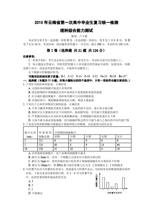 2010年云南第一次高中毕业生复习统一检测理综试题