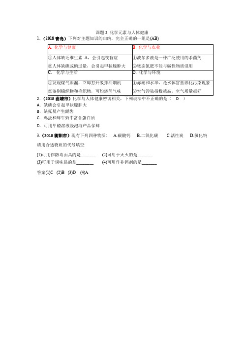 人教版化学九年级下册2018年中考试题分类：化学元素与人体健康