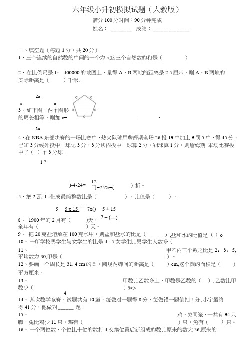 人教版小学六年级小升初模拟考试试题.doc