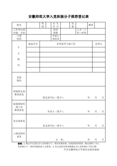 入党积极分子推荐登记表