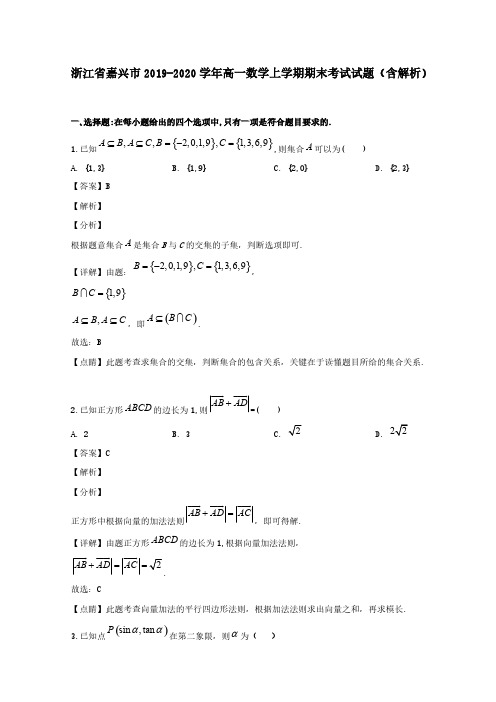 浙江省嘉兴市2019-2020学年高一数学上学期期末考试试题(含解析)