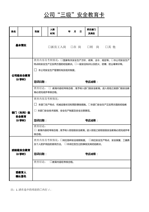 安全生产标准化：三级教育卡