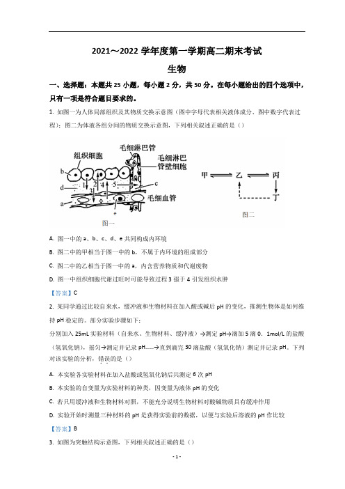 安徽省合肥市第八中学2021-2022学年高二上学期期末考试生物试题含答案