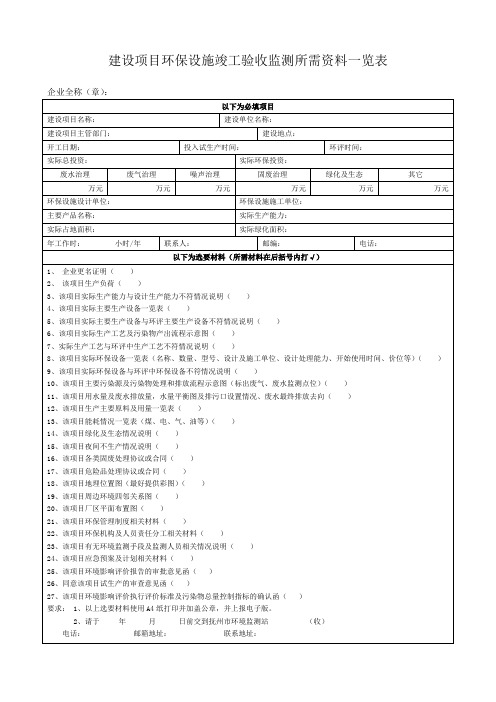 建设项目环保设施竣工验收监测所需资料一览表
