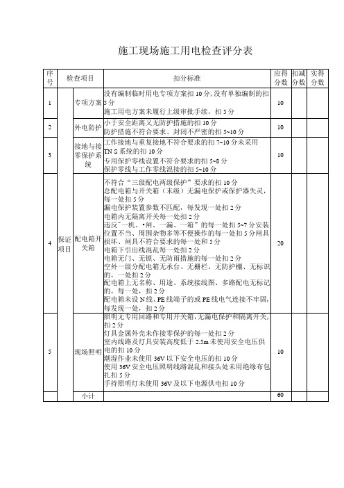 施工现场施工用电检查评分表