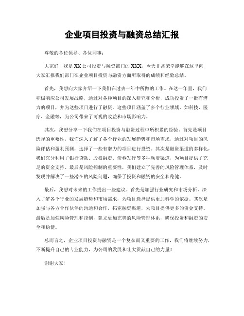 企业项目投资与融资总结汇报