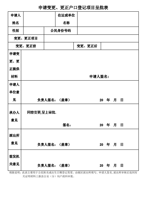 申请变更更正户口登记项目呈批表