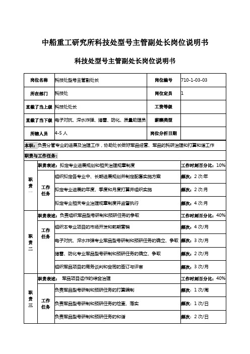 中船重工研究所科技处型号主管副处长岗位说明书