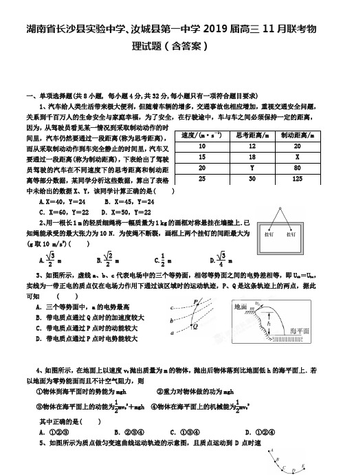 湖南省长沙县实验中学、汝城县第一中学2019届高三11月联考物理试题(含答案)