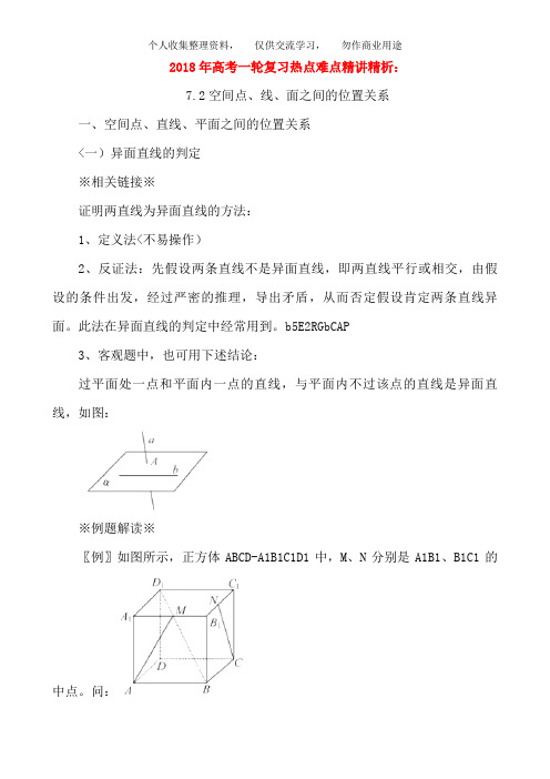 2018年高考数学一轮复习 热点难点精讲精析 7. 2空间点、线、面之间的位置关系