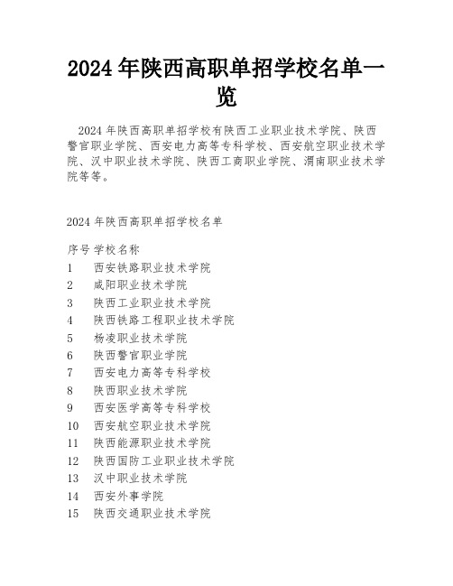 2024年陕西高职单招学校名单一览