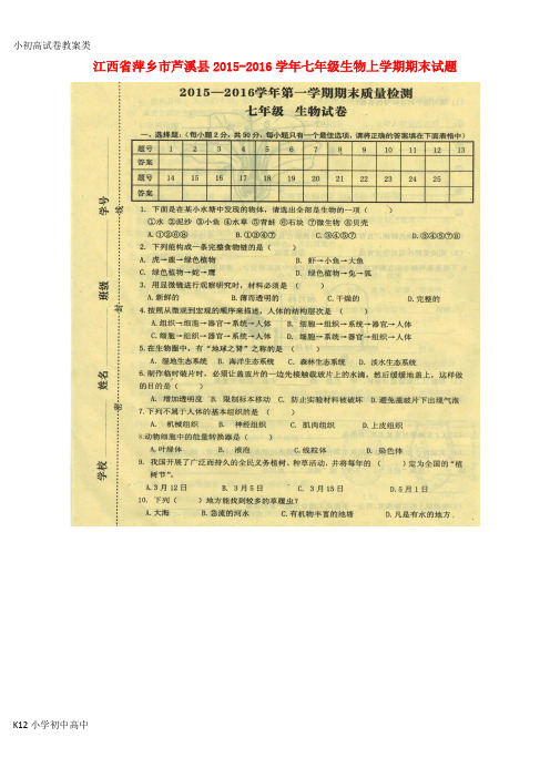 【配套K12】七年级生物上学期期末试题(扫描版) 新人教版