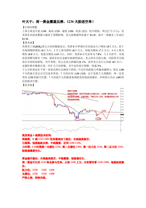 2013年7月8日叶大干(黄金)+周一黄金震荡反弹,1236大胆下空单!