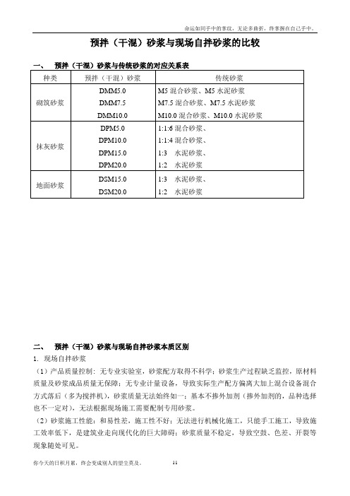 预拌砂浆对应表