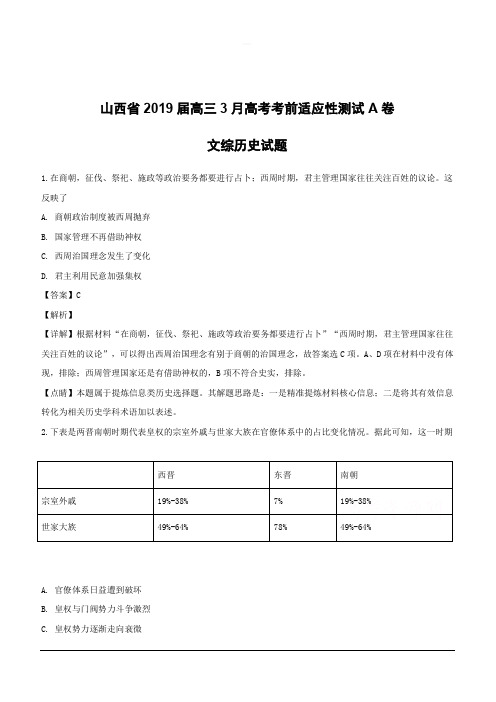 山西省2019届高三3月高考考前适应性测试A卷文综历史试题附答案解析