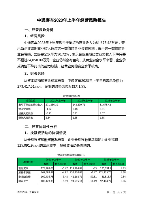 000957中通客车2023年上半年经营风险报告