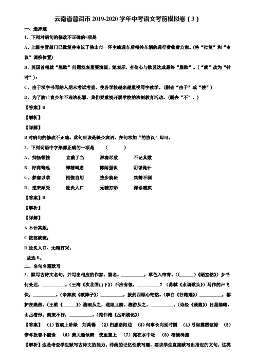 云南省普洱市2019-2020学年中考语文考前模拟卷(3)含解析