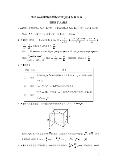 2018年高考仿真模拟试题(新课标全国卷Ⅰ)理科数学(七)答案