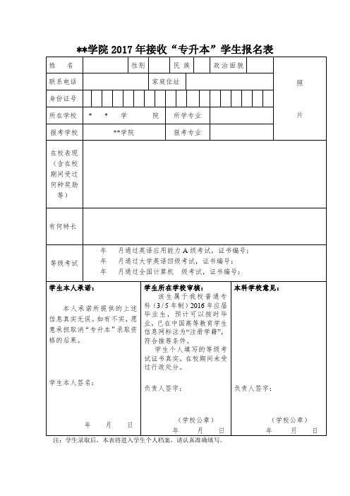 湖南理工学院2017年接收专升本学生报名表【模板】