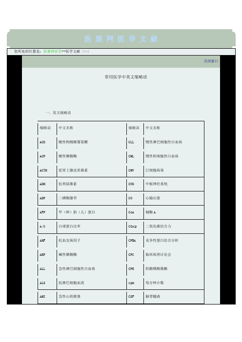 (完整版)常用医学中英文缩略语