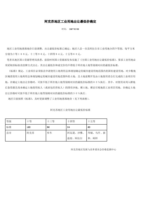 阿克苏地区工业用地出让最低价确定