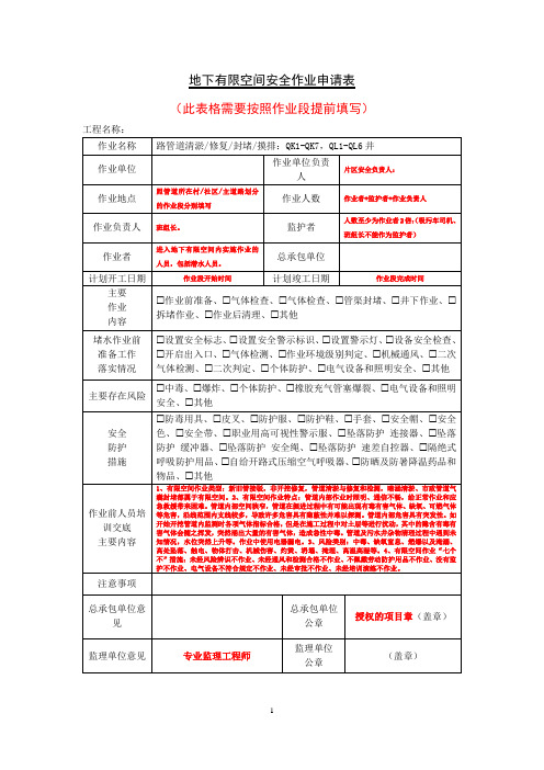 市政工程有限空间作业审批表