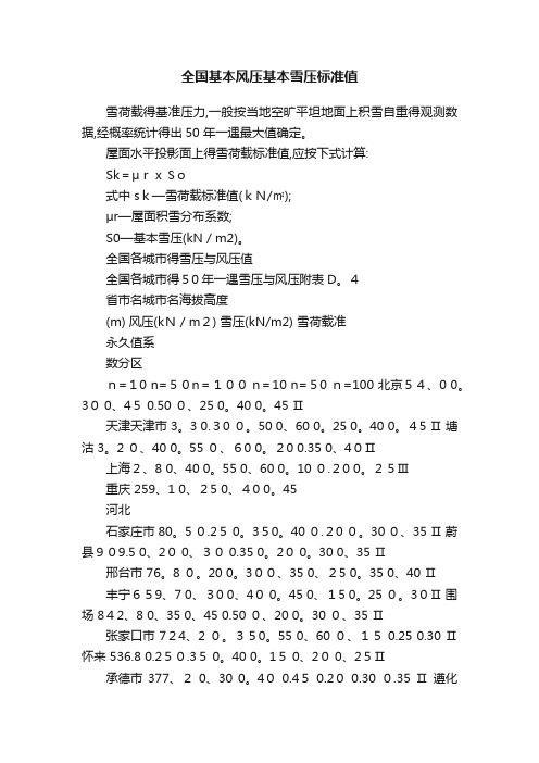 全国基本风压基本雪压标准值