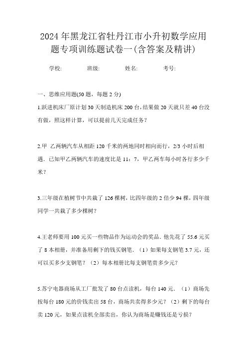 2024年黑龙江省牡丹江市小升初数学应用题专项训练题试卷一(含答案及精讲)