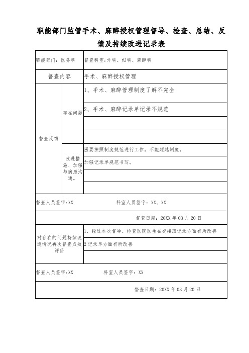 XX医院职能部门监管手术、麻醉授权管理督导、检查、总结、反馈及持续改进记录表