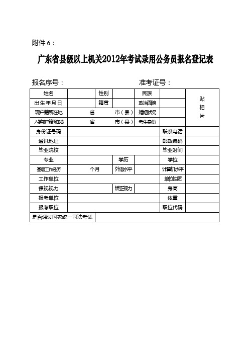 广东省县级以上机关2012年考试录用公务员报名登记表