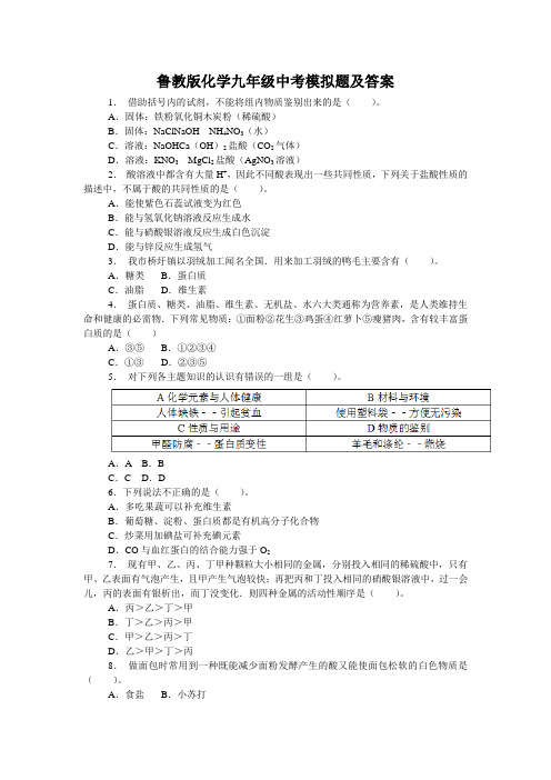 鲁教版化学九年级中考模拟题附答案