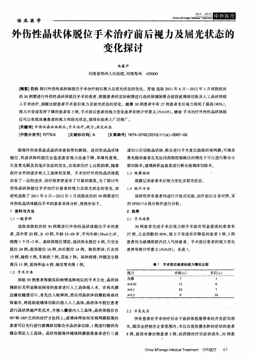 外伤性晶状体脱位手术治疗前后视力及屈光状态的变化探讨