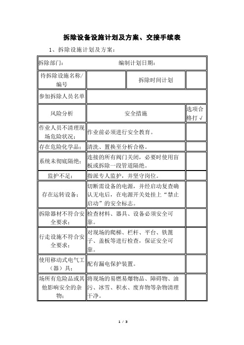 拆除设备设施计划及方案、交接手续表