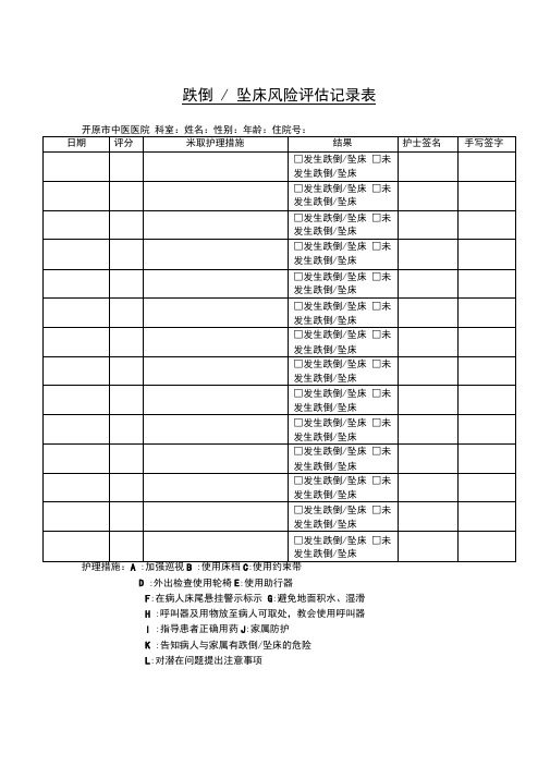 跌倒坠床风险评估表