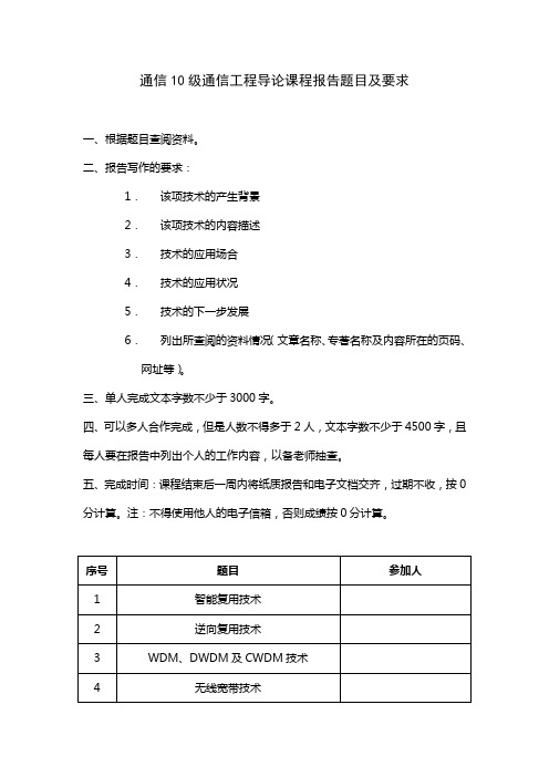 通信工程导论课程报告题目及要求