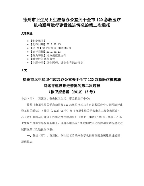 徐州市卫生局卫生应急办公室关于全市120急救医疗机构联网运行建设推进情况的第二次通报