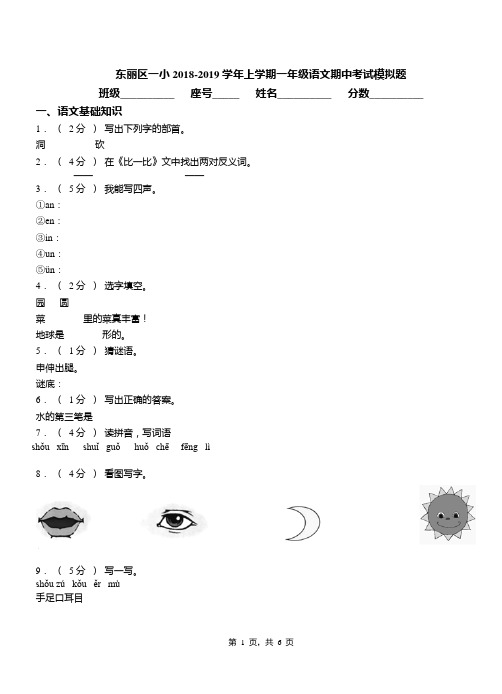 东丽区一小2018-2019学年上学期一年级语文期中考试模拟题