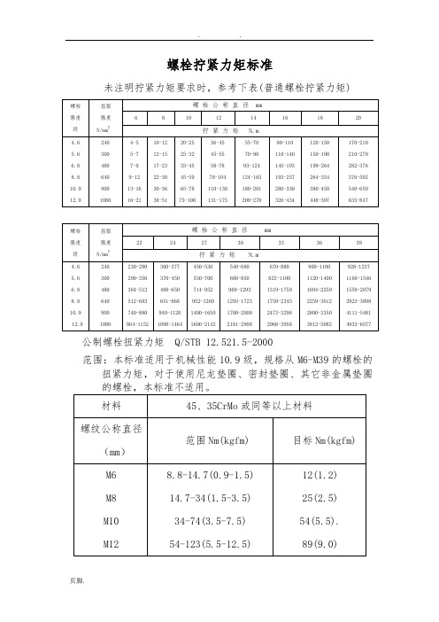 螺栓拧紧力矩标准-全