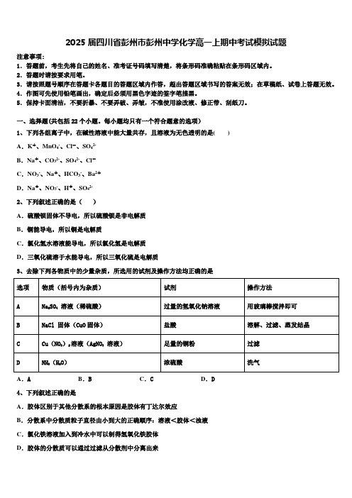 2025届四川省彭州市彭州中学化学高一上期中考试模拟试题含解析