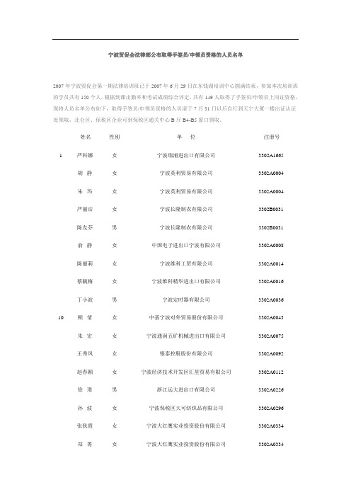 宁波贸促会法律部公布取得手签员的人员名单