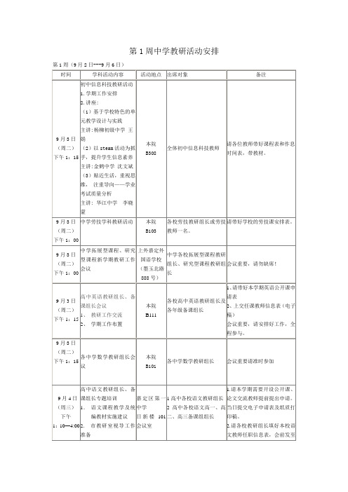 第1周中学教研活动安排