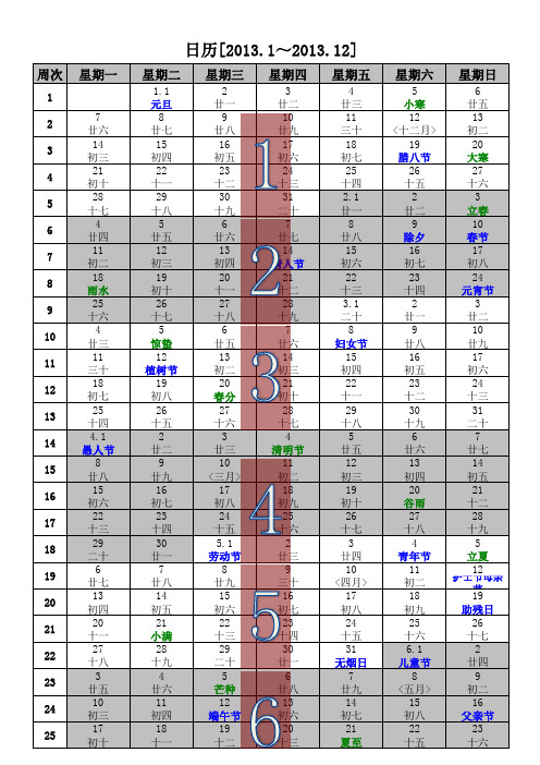 2013年日历(含2013年农历,2013年周历,2013年节气)