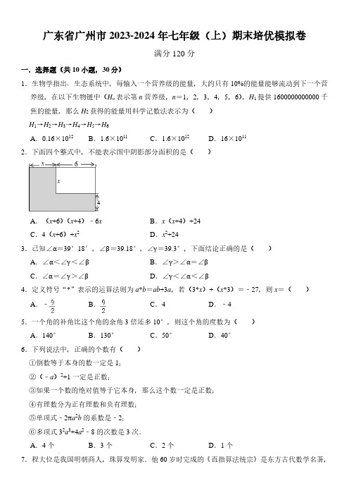 广州2023-2024年七年级(上)期末培优模拟卷数学试题及参考答案