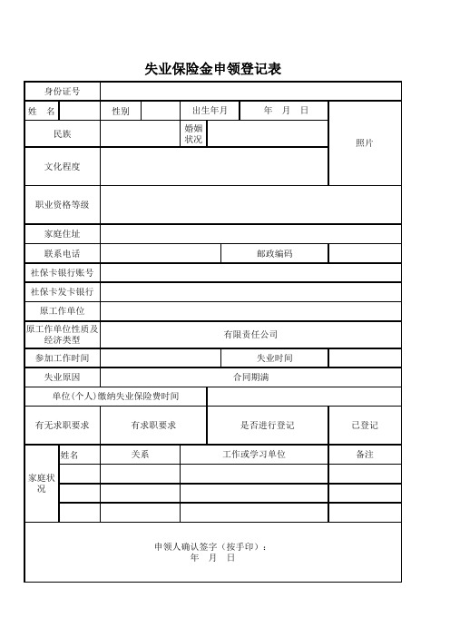 失业保险金申领登记表