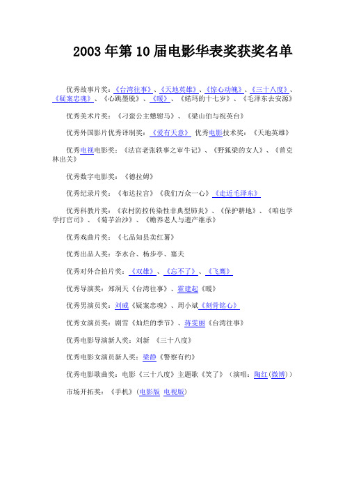 2003年 第10届电影华表奖获奖名单