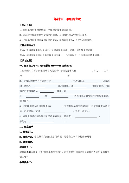 【精品】人教版七年级生物上册 2.2.4 单细胞生物导学案